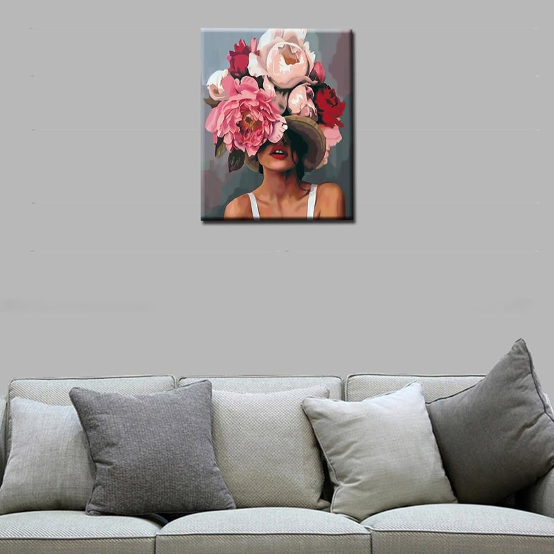 Tucocoo Girl with Flowers on Head Paint by Numbers for Adults Fashion Figure Lady Abstract Drawing Oil Paint by Numbers Modren Lady Head Flower Acrylic Oil Painting Set Without Frame16W x 20H - Image 2