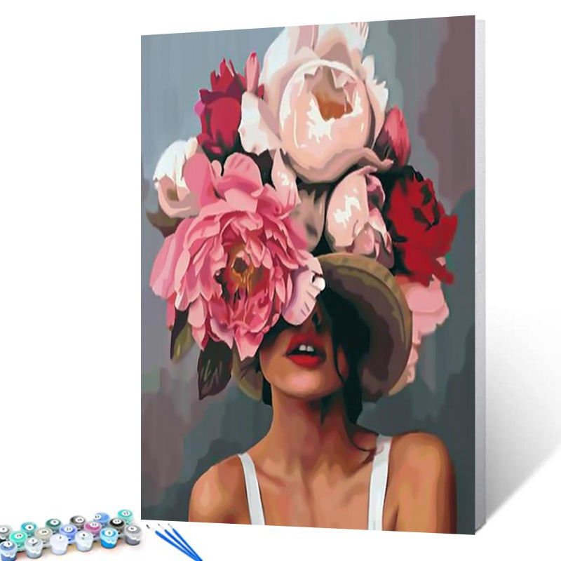 Tucocoo Girl with Flowers on Head Paint by Numbers for Adults Fashion Figure Lady Abstract Drawing Oil Paint by Numbers Modren Lady Head Flower Acrylic Oil Painting Set Without Frame16W x 20H - Image 1