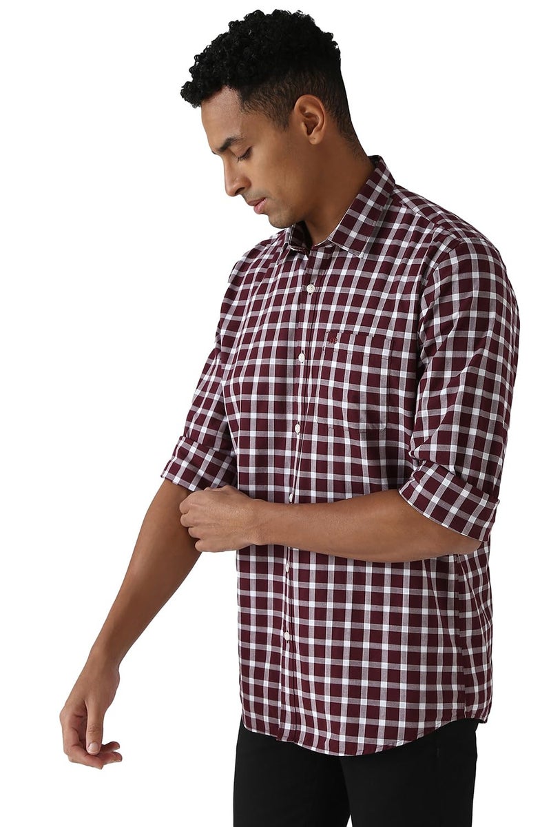 Peter England Men Polycotton Checkered Slim Fit Shirt (PCSFSSLPR29947_Wine, 39 - Image 2