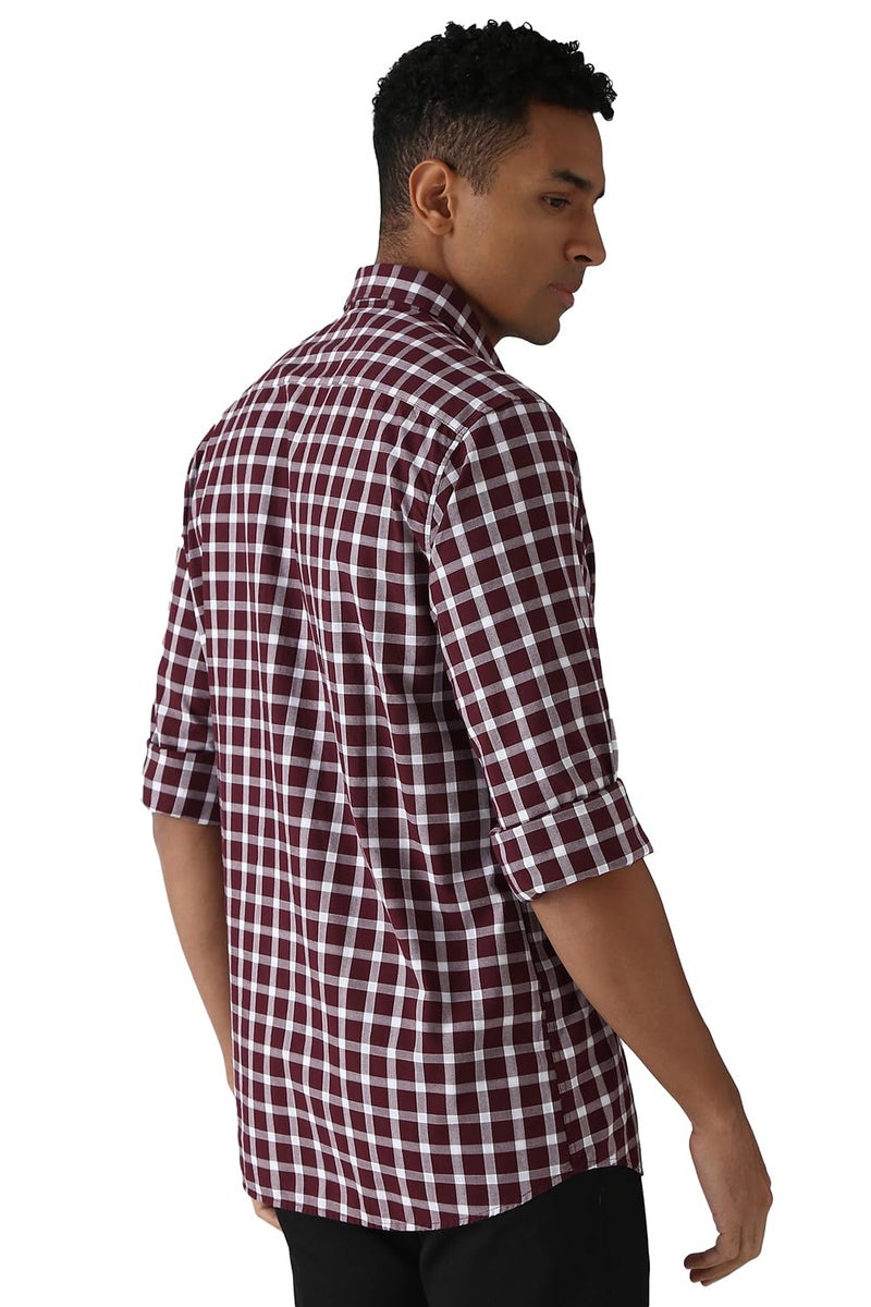 Peter England Men Polycotton Checkered Slim Fit Shirt (PCSFSSLPR29947_Wine, 39 - Image 3