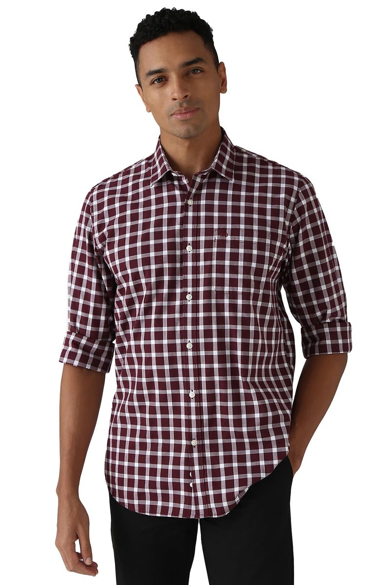 Peter England Men Polycotton Checkered Slim Fit Shirt (PCSFSSLPR29947_Wine, 39 - Image 1