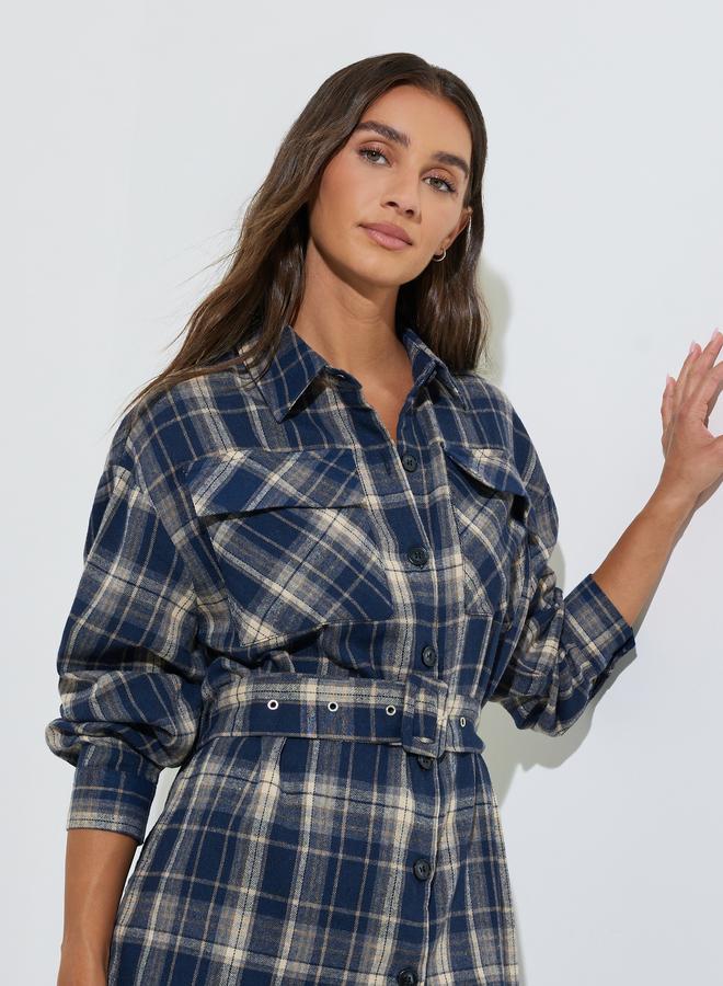 Styli Navy Blue Longline Checked Print Shirt - Image 1