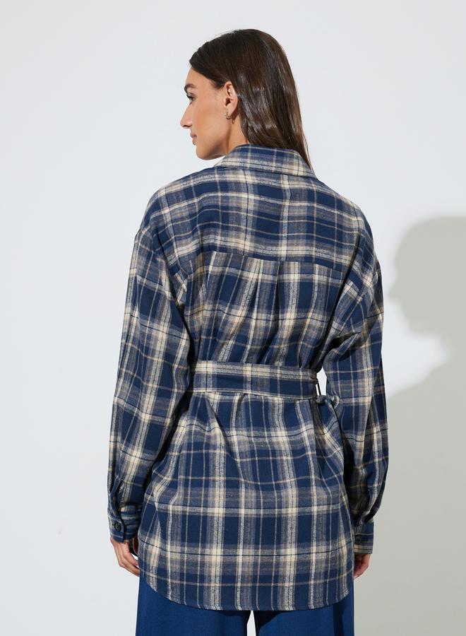 Styli Navy Blue Longline Checked Print Shirt - Image 4