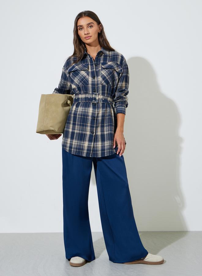 Styli Navy Blue Longline Checked Print Shirt - Image 2