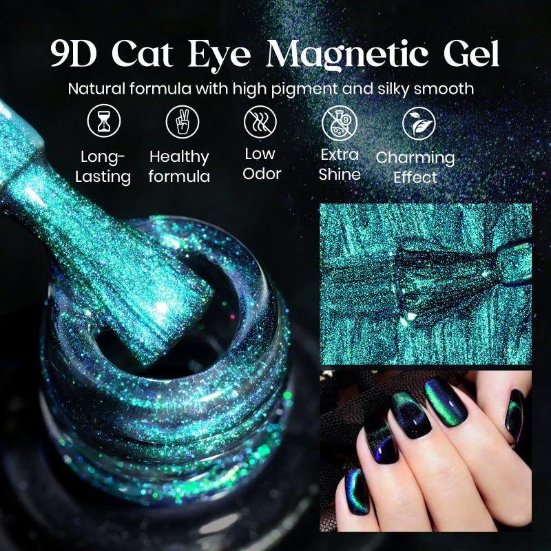 MIZHSE 9D Cat Eye Gel Nail Polish 10ml, Holographic Galaxy Cateye Magnetic Nail Polish Gel, Magic Chameleon Manicure Set(Cyan) - Image 3