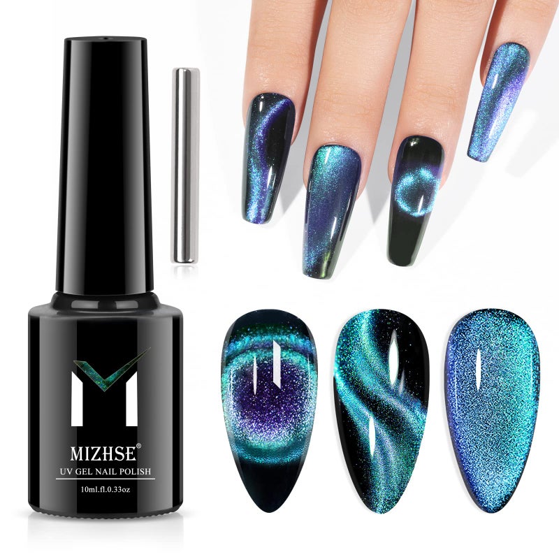 MIZHSE 9D Cat Eye Gel Nail Polish 10ml, Holographic Galaxy Cateye Magnetic Nail Polish Gel, Magic Chameleon Manicure Set(Cyan) - Image 1