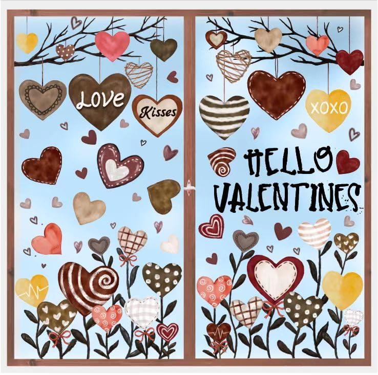 Vellibring 6 Sheet Valentineâ€™s Day Window Clings Decorations Double-Sided Heart Window Sticker Removable Reusable Valentineâ€™s Day Window Cling Decals for Home Wedding Anniversary Party Decors - Image 1