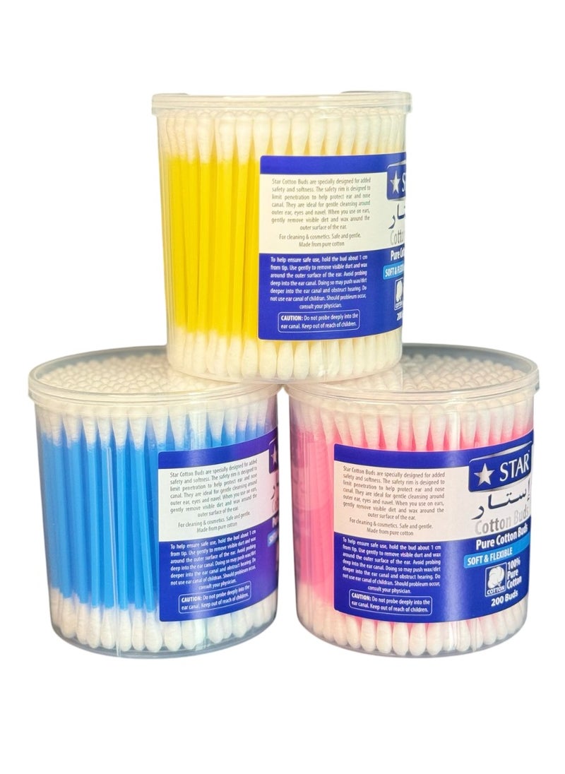 Star Cotton Swabs 200 Pieces - Soft & Flexible Ear Buds - 100% Pure Cotton Double-Ended Cotton Buds - Premium Quality Disposable Swabs - For Babies, Personal Care & Cleaning - Assorted Colors  - Image 5