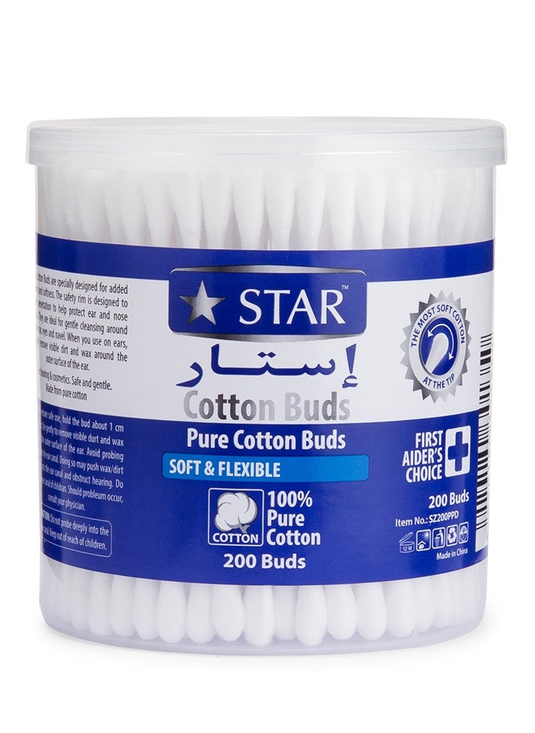 Star Cotton Swabs 200 Pieces - Soft & Flexible Ear Buds - 100% Pure Cotton Double-Ended Cotton Buds - Premium Quality Disposable Swabs - For Babies, Personal Care & Cleaning - Assorted Colors  - Image 1