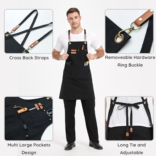 FunChaos Black Canvas Aprons, Work Aprons for Men Women, Chef Aprons with Adjustable Strap and 3 Pockets, Apron for Servers Kitchen Cooking Baking Artist Painting, Cross Back - Image 4