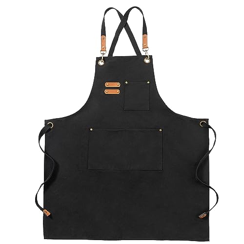 FunChaos Black Canvas Aprons, Work Aprons for Men Women, Chef Aprons with Adjustable Strap and 3 Pockets, Apron for Servers Kitchen Cooking Baking Artist Painting, Cross Back - Image 1