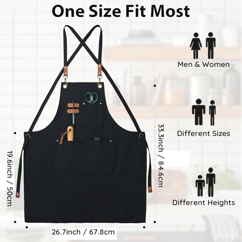 FunChaos Black Canvas Aprons, Work Aprons for Men Women, Chef Aprons with Adjustable Strap and 3 Pockets, Apron for Servers Kitchen Cooking Baking Artist Painting, Cross Back - Image 5