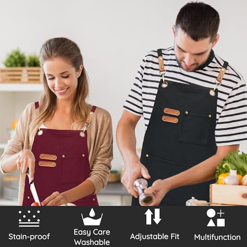 FunChaos Black Canvas Aprons, Work Aprons for Men Women, Chef Aprons with Adjustable Strap and 3 Pockets, Apron for Servers Kitchen Cooking Baking Artist Painting, Cross Back - Image 2