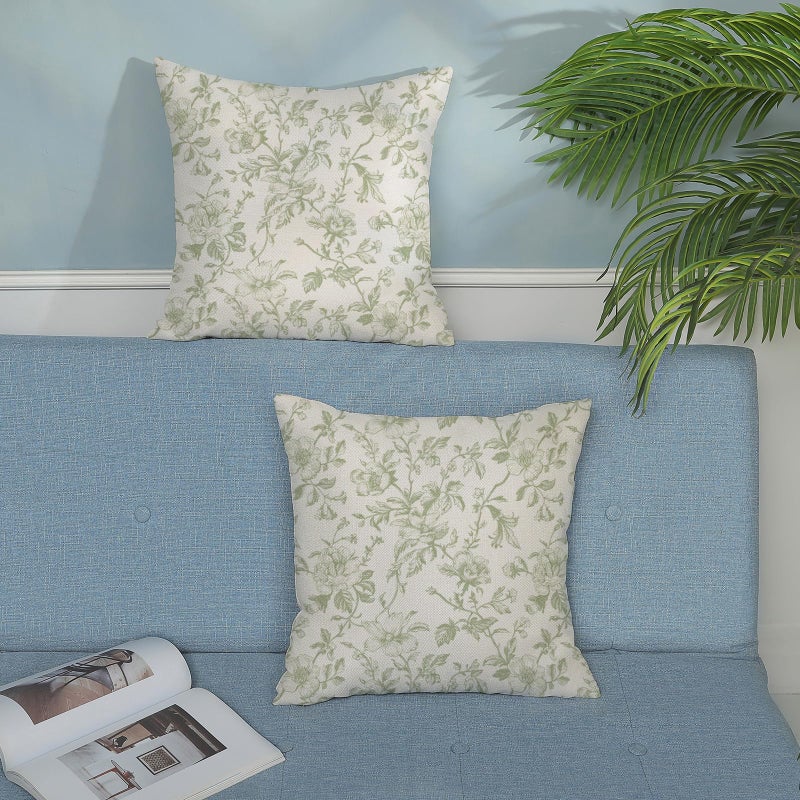 JEFERSO Sage Green Floral Pillow Covers 20x20 Set of 2 Light Green Chinoiserie Floral Decorative Throw Pillows Vintage Rustic Toile Flower Pillowcase Outdoor Decor Linen Cushion Cover for Couch Sofa - Image 3