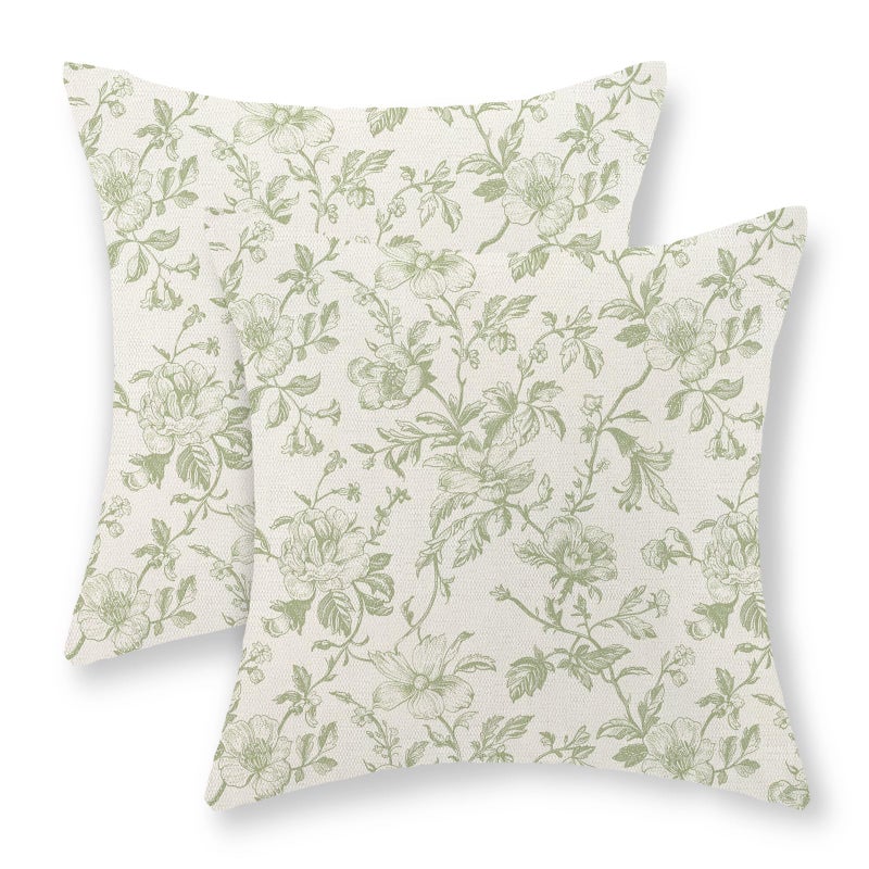 JEFERSO Sage Green Floral Pillow Covers 20x20 Set of 2 Light Green Chinoiserie Floral Decorative Throw Pillows Vintage Rustic Toile Flower Pillowcase Outdoor Decor Linen Cushion Cover for Couch Sofa - Image 1