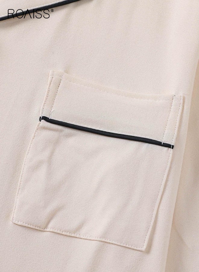 roaiss Women's Comfy Long-Sleeve Pajama Sets Button down Notch Collar Lapel Loungewear Chest Pocket Loose-Fitting Plain Sleepwear Lightweight Soft Pjs Lounge Sets for Home Hotel Bathhouse, Apricot - Image 4