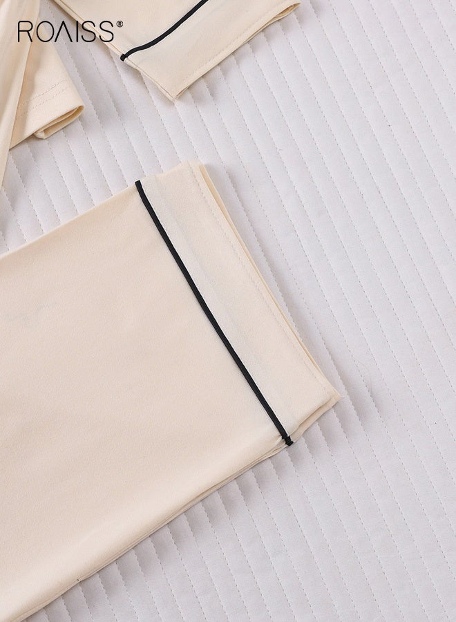 roaiss Women's Comfy Long-Sleeve Pajama Sets Button down Notch Collar Lapel Loungewear Chest Pocket Loose-Fitting Plain Sleepwear Lightweight Soft Pjs Lounge Sets for Home Hotel Bathhouse, Apricot - Image 3