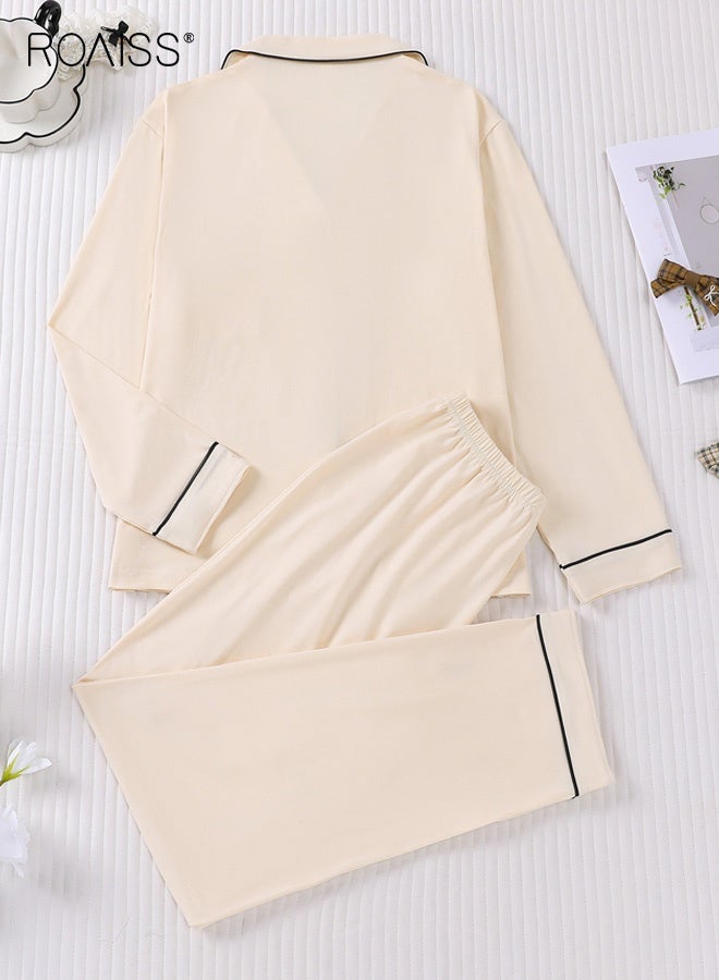 roaiss Women's Comfy Long-Sleeve Pajama Sets Button down Notch Collar Lapel Loungewear Chest Pocket Loose-Fitting Plain Sleepwear Lightweight Soft Pjs Lounge Sets for Home Hotel Bathhouse, Apricot - Image 2