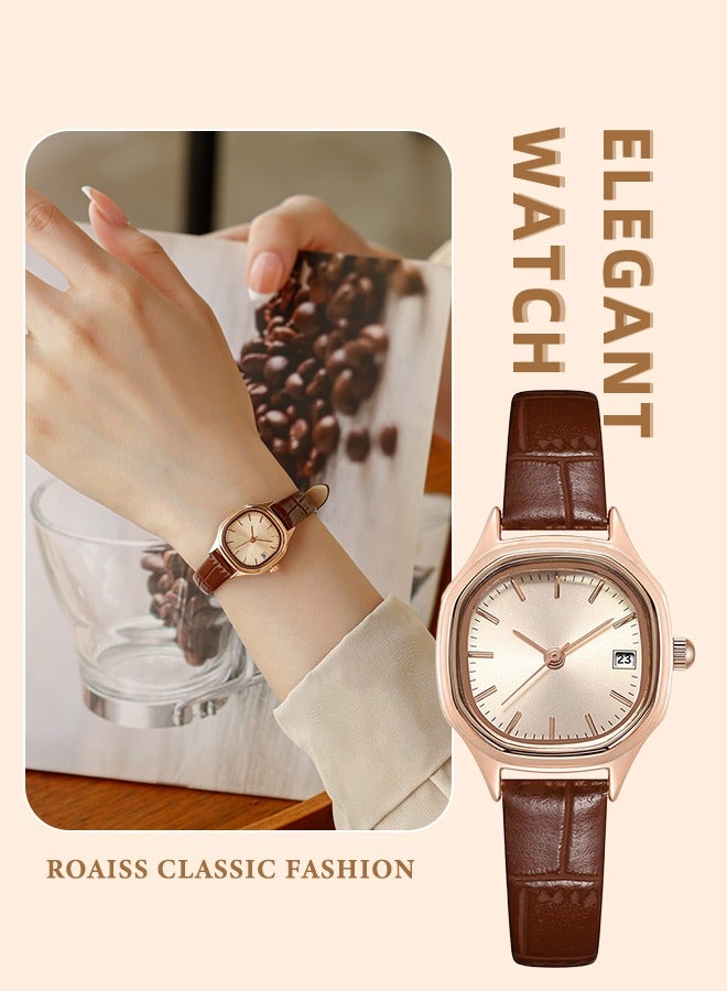 رويس ساعة كوارتز بسوار جلدي للنساء، ساعة بقرص ذهبي مربع بإطار ذهبي، ساعة يد أنيقة مقاومة للماء كهدية للسيدات - Image 1