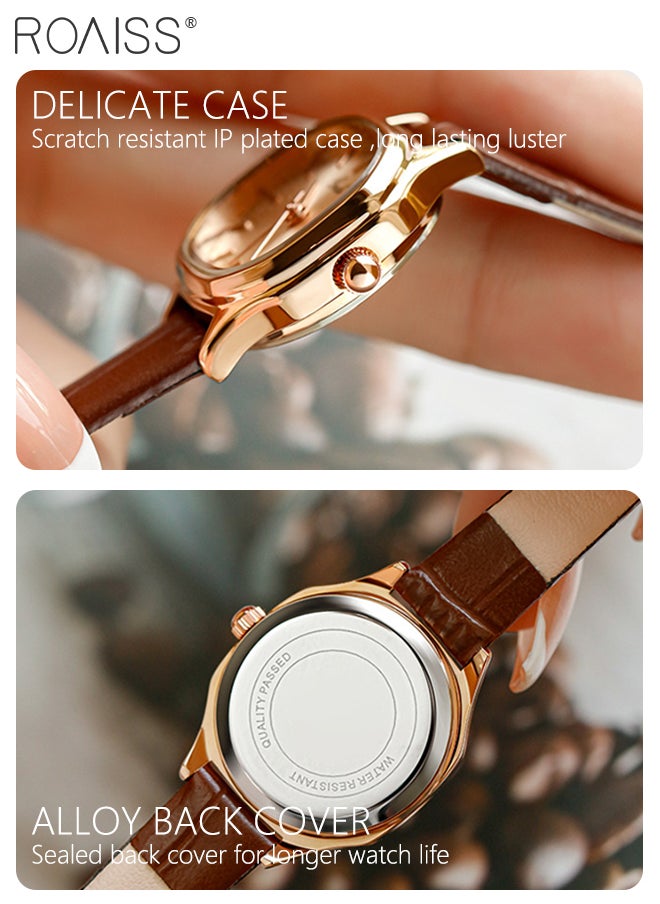 roaiss - Women's Leather Strap Quartz Watch Analog Display Square Gold Dial with Gold Bezel Waterproof Elegant Wristwatch as Gift for Ladies - Image 1
