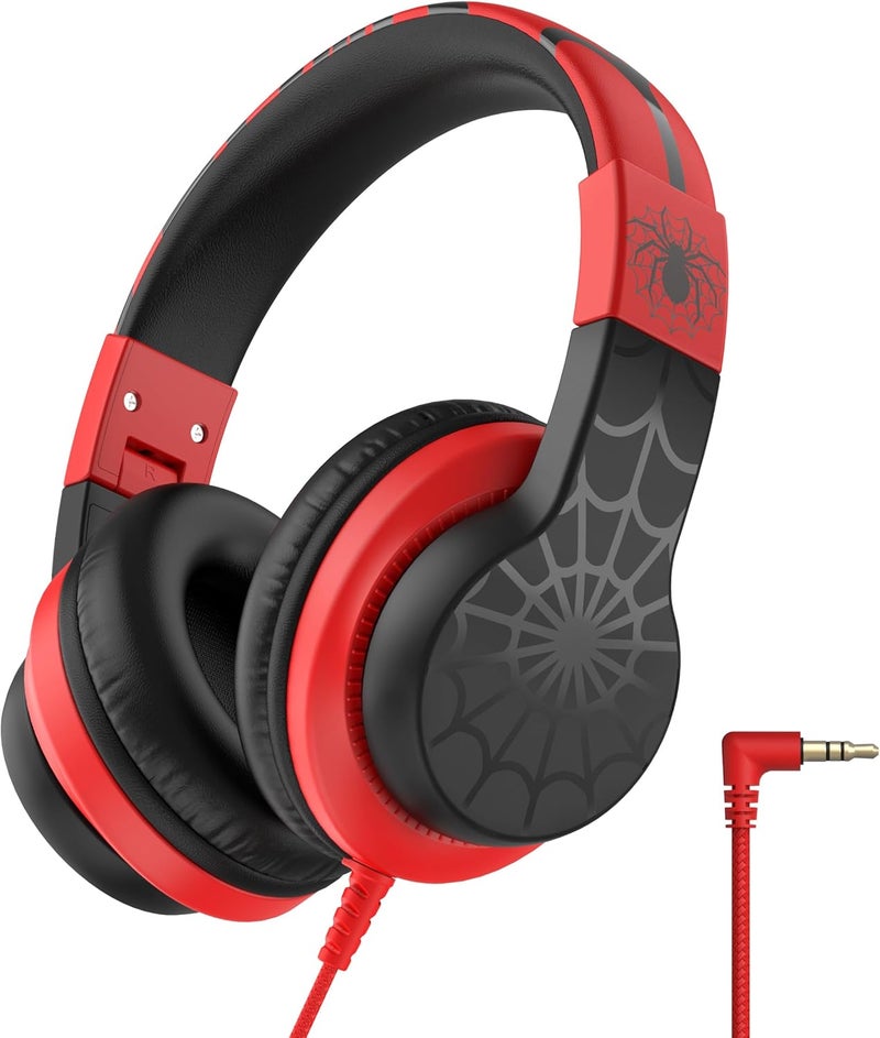 HS19 Kids Headphones for School with Microphone, Safe Volume Limiter 74/85dBA, Over-Ear Girls Boys Headphones for Kids with FunShare Foldable Wired for iPad/Travel (Spider Black)