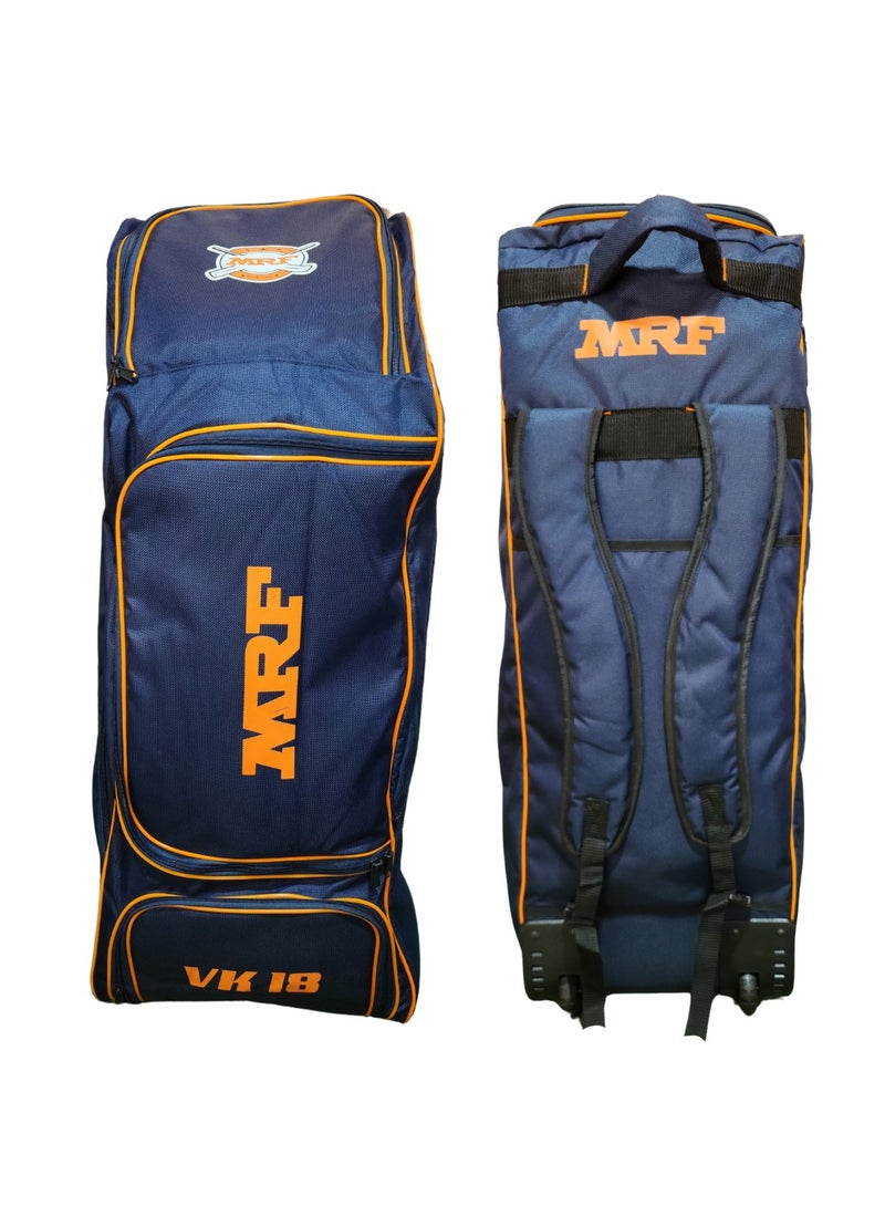 MRF MRF VK 18 Senior Cricket Kit Bag with Wheels – Large Capacity Backpack with Multiple Compartments – Orange Blue  - Image 1