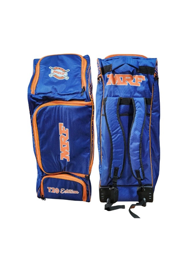 MRF VK 18 Senior Cricket Kit Bag with Wheels – Large Capacity Backpack with Multiple Compartments – Orange Blue - Image 1