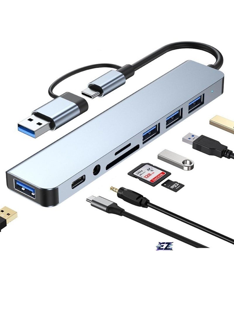 ELTRAZONE محور USB C 8 في 1 موزع USB، محور USB من الألمنيوم مع منافذ USB 3.0، USB 2.0، USB-C، قارئ بطاقات SD/TF، 3.5 مم AUX، متوافق مع MacBook Pro/Air، الكمبيوتر الشخصي، اللابتوب، أجهزة التابلت - رمادي فضائي - Image 1