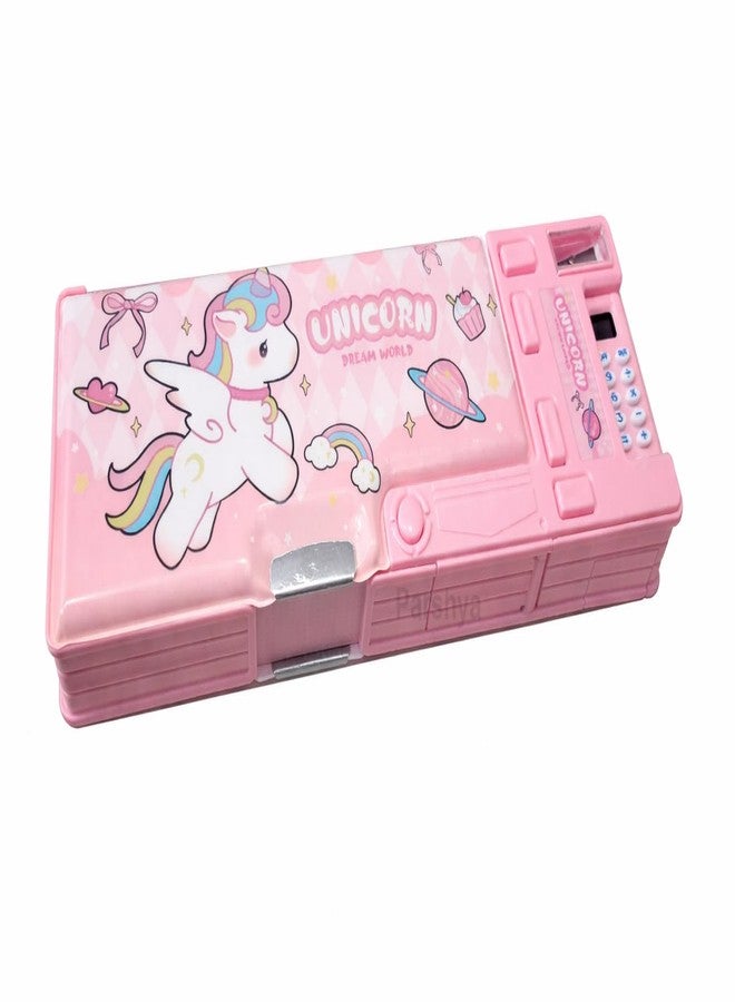 GETNAKSH Pencil Box for Kids with Calculator & Sharpener | Multi-Compartment Plastic Pencil Case with Writing Pad | Cute Pink Pencil Box for Girls School Use(MSC Unicorn) - Image 1