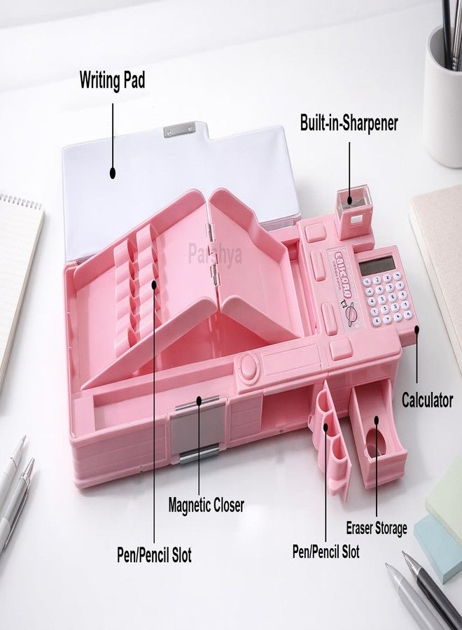 GETNAKSH Pencil Box for Kids with Calculator & Sharpener | Multi-Compartment Plastic Pencil Case with Writing Pad | Cute Pink Pencil Box for Girls School Use(MSC Unicorn) - Image 4