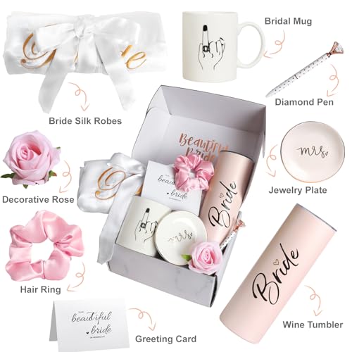 Frerdui 8Pcs Bridal Shower Gift Bride to Be Gifts Bridal Shower Gifts for Bride to Be Gift Box Sets Bridal Silk Robes Tumbler Cup Mug Jewelry Tray Wedding Engagement Gift for herXL - Image 3
