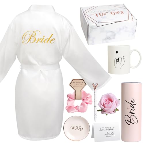 Frerdui 8Pcs Bridal Shower Gift Bride to Be Gifts Bridal Shower Gifts for Bride to Be Gift Box Sets Bridal Silk Robes Tumbler Cup Mug Jewelry Tray Wedding Engagement Gift for herXL - Image 1