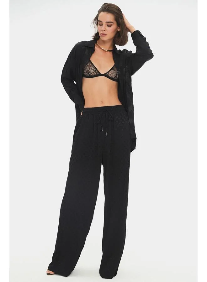 JUNE June Women Exclusive 100% Viscose Wide Leg Elastic Waist Patterned Trouser Black