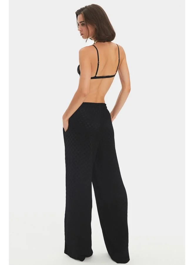 JUNE June Women Exclusive 100% Viscose Wide Leg Elastic Waist Patterned Trouser Black