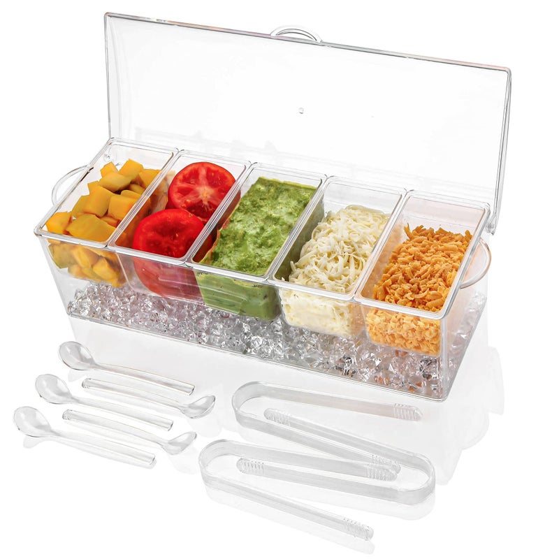 IVYHOME Ice Chilled 5 Compartment Condiment Server Caddy | Fruit Serving Tray | Condiment Pots with 5 Removable Dishes Over 2 Cup Capacity Each and Hinged Lid - Image 1