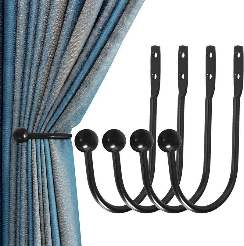 HEMOUR Curtain Holdback, 4 Pcs Wall Mounted Drapery Tiebacks with Screws, Heavy Duty Metal Decorative Window Drapery Holder Curtain Hook, Black - Image 1