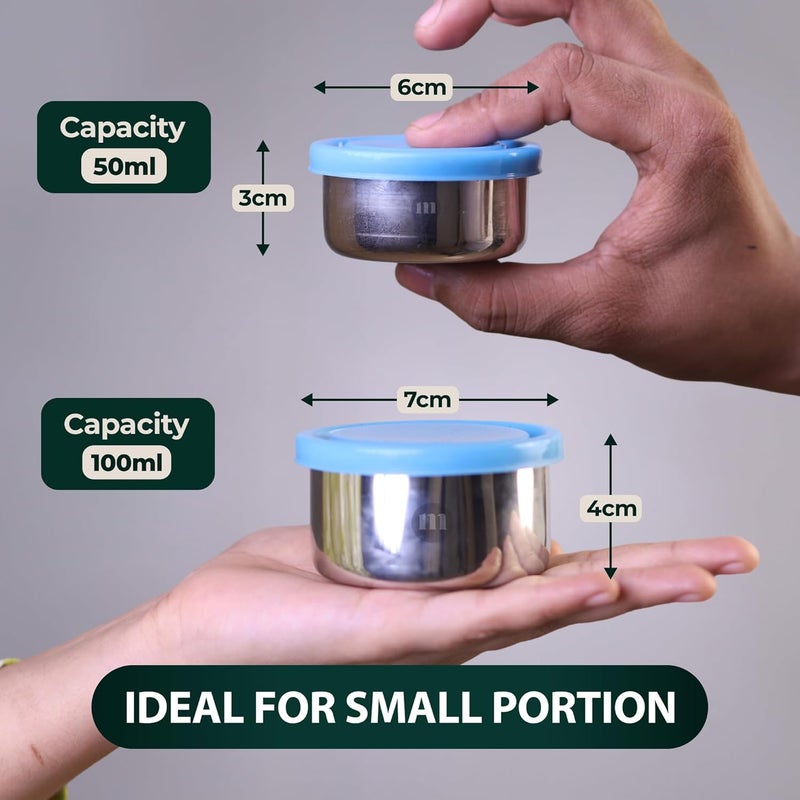MARU Small Steel Containers small tiffin box for chutney with Food Grade Silicone Lids Kitchen Containers Set Steel Ideal for Chutney Salad Pickle 50ml 2 pcs 100ml 2 pcs Set of 4 Blue - Image 2