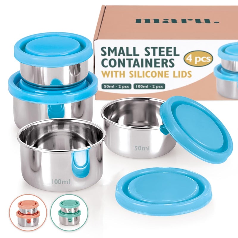 MARU Small Steel Containers small tiffin box for chutney with Food Grade Silicone Lids Kitchen Containers Set Steel Ideal for Chutney Salad Pickle 50ml 2 pcs 100ml 2 pcs Set of 4 Blue - Image 1