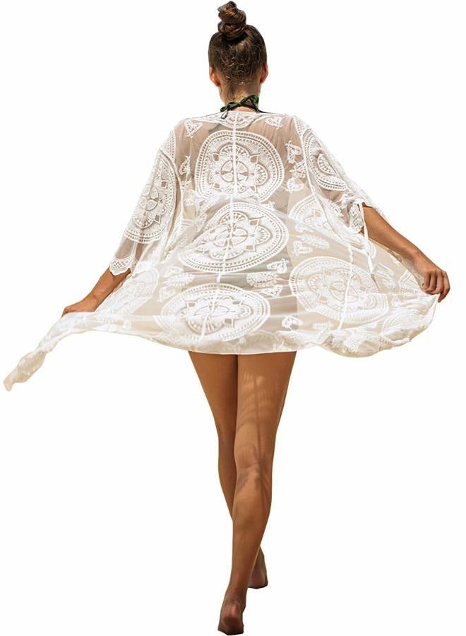 Kistore Women's Lace Cardigan Floral Crochet Sheer Beach Cover Ups Long Open Kimono, White3, One size - Image 1
