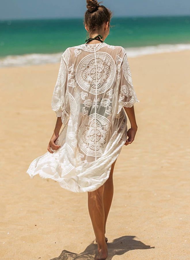 Kistore Women's Lace Cardigan Floral Crochet Sheer Beach Cover Ups Long Open Kimono, White3, One size - Image 4