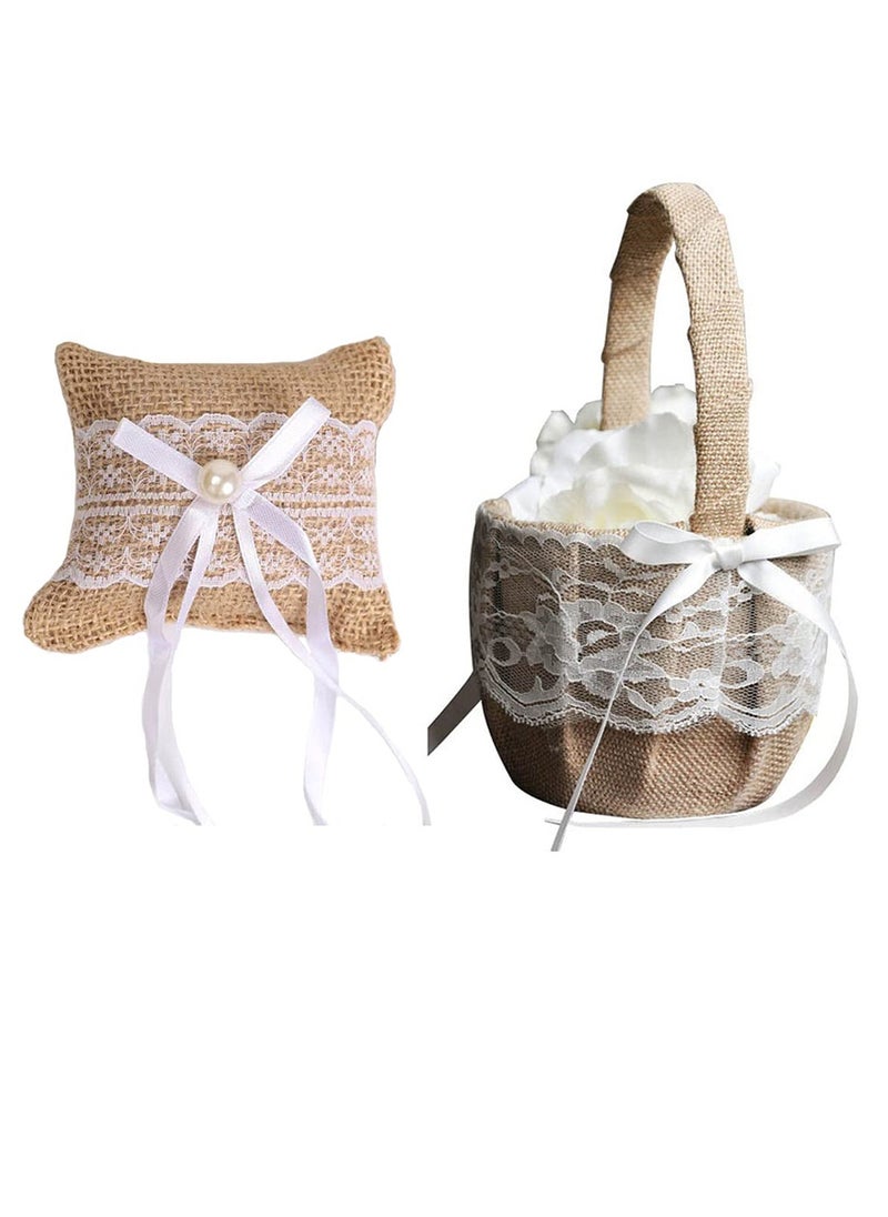 SYOSI Romantic Lace Wedding Ring Pillow and Flower Basket Set Flower Girl Baskets Witness Love with Soft Jute Material Ring Cushion for Engagement Ceremony Wedding Supply Decoration  - Image 1