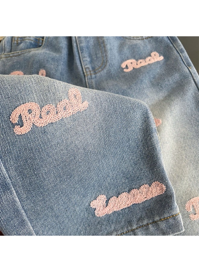Ayada Home Kids Casual Denim Pants for Girls, Letter Embroidery Elastic Waist Jeans - Image 5