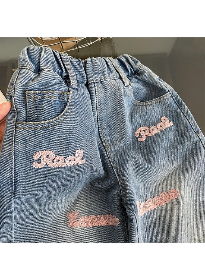 Ayada Home Kids Casual Denim Pants for Girls, Letter Embroidery Elastic Waist Jeans - Image 3