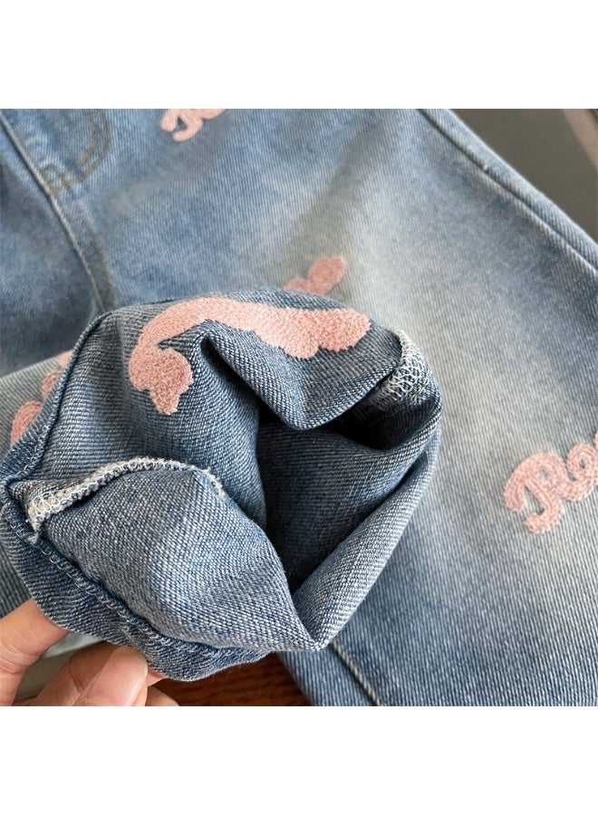 Ayada Home Kids Casual Denim Pants for Girls, Letter Embroidery Elastic Waist Jeans - Image 4