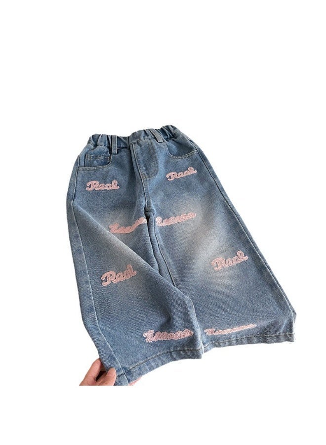 Ayada Home Kids Casual Denim Pants for Girls, Letter Embroidery Elastic Waist Jeans - Image 2