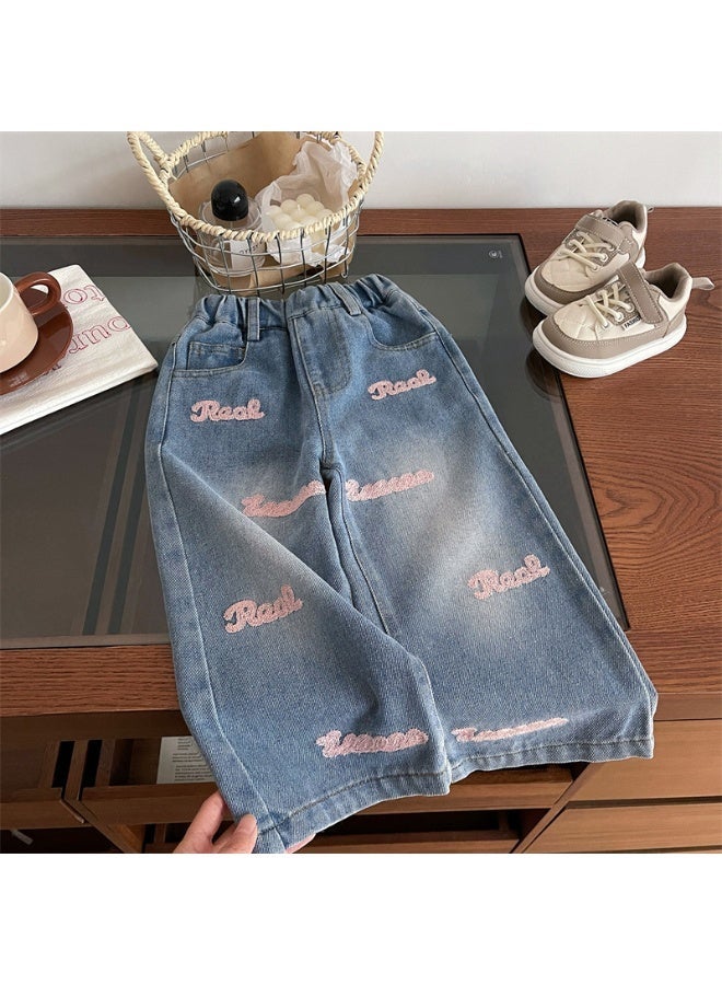 Ayada Home Kids Casual Denim Pants for Girls, Letter Embroidery Elastic Waist Jeans - Image 1