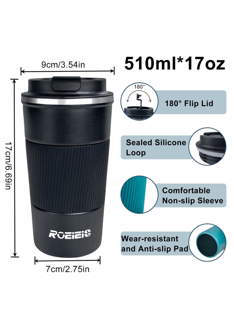 ROEIEIS 2Pcs Insulated Coffee Travel Mug 510ml Stainless Steel Vacuum Coffee Cup Leakproof with Screw Lid Double Wall Coffee Tumbler Reusable Thermal Cup for Hot/Iced Beverage - Image 3