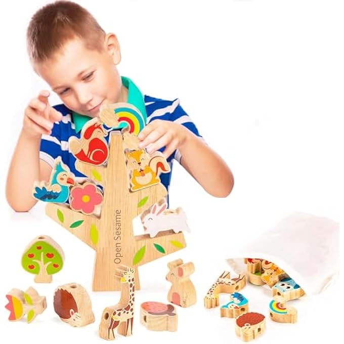 مجموعة ألعاب خشبية قابلة للتكديس للأطفال: حيوانات، خرز، كتل وقوس قزح - لعبة تعليمية مونتيسوري للأطفال من 1-3 سنوات - Image 2