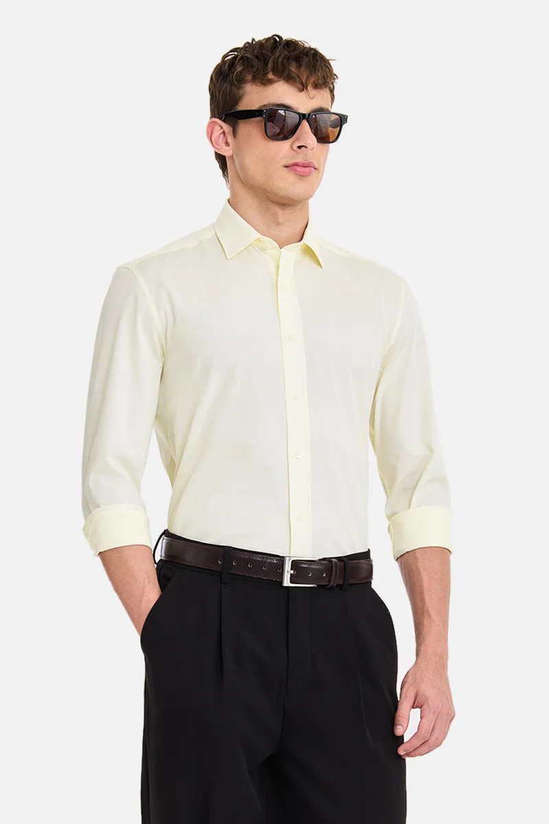 سنيتش Cream Solid Long Sleeve Regular Fit Shirt
