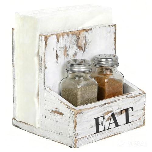 MyGift Napkin Holder for Table Wood Napkin Holder with Salt and Pepper Shakers Set Condiment Caddy with Bold Black Printed EAT Design Standing Paper Napkin Storage for Kitchen Dining Table Decor - Image 1